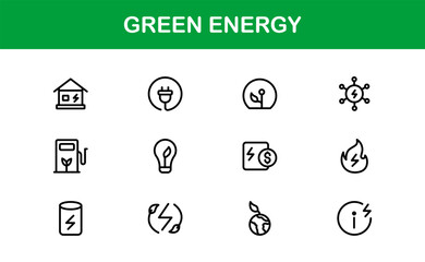 Green Energy Line Icon Collection – Unique, creative, and premium outline symbols of sustainable power, alternative energy, and environmental innovation