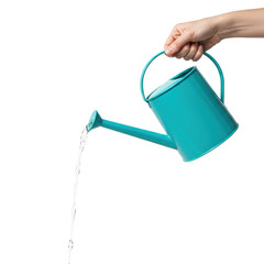Obraz premium An adult hand with neutral skin tone precisely pouring clear water from a vibrant teal metal watering can with a slender spout onto a pristine transparent background with copy space, studio shot,
