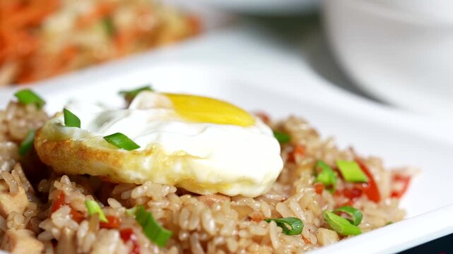 Golden fried egg sits on top of colorful vegetable fried rice, garnished with chopped green onion.