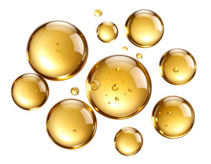 Floating golden oil bubbles with glossy highlights, isolated on transparent background PNG