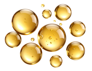 Floating golden oil bubbles with glossy highlights, isolated on transparent background PNG
