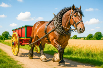 Powerful draft horse pulling a colorful traditional wooden cart along a rural dirt road, showcasing strength, heritage, and agricultural tradition under a bright summer sky surrounded by golden fields