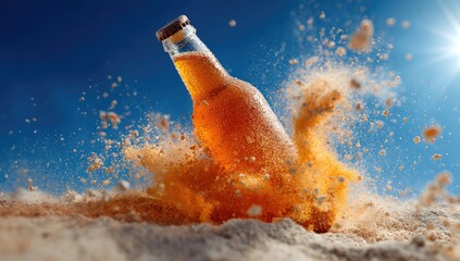 Amber beer bottle explodes in sand