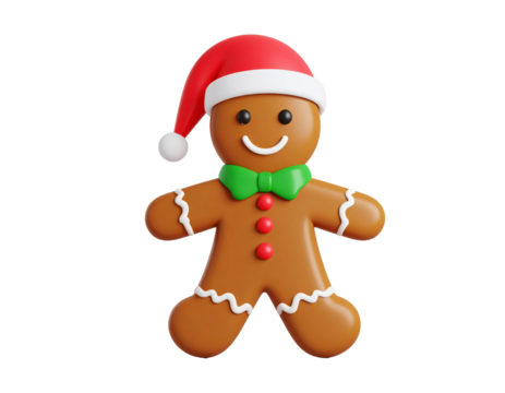 Smiling gingerbread man wearing Santa hat and green bow tie isolated on a transparent background - Powered by Adobe