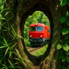 Red Train in a Natural Tree Tunnel