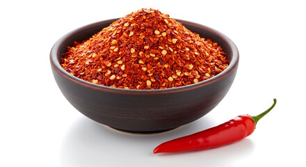 organic kashmiri red chili pepper flakes powder with chili pepper in bowl, top view, white background, copy space     
