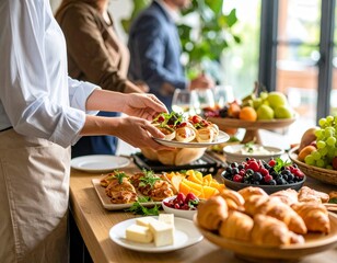 Hotel Guests Enjoying Breakfast Buffet – Bright Dining Room Scene with Fresh Fruits and Pastries
