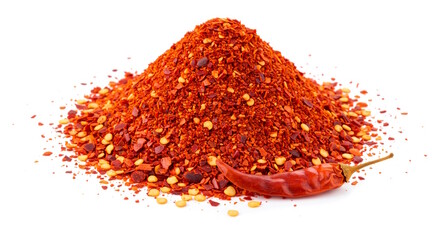 heap of organic kashmiri red chili pepper flakes powder with chili pepper, top view, white background, copy space     