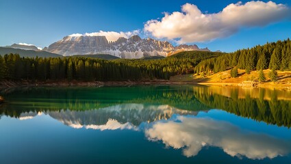 Obraz premium Majestic mountain range reflected in a serene alpine lake on a sunny day