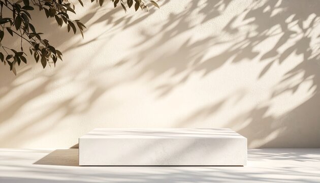 A minimalist white rectangular platform casts shadows from overhead leafy branches onto a light beige textured wall.