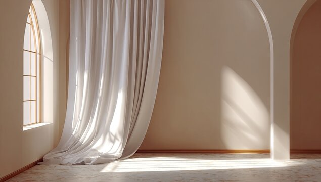 A sunlit beige room with draped curtains