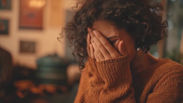 Young woman in cozy sweater crying with face buried in hands, emotional breakdown at home, warm soft lighting, intimate close-up scene of sadness and vulnerability