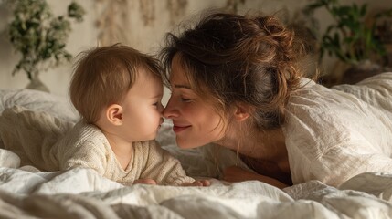 Tender moment between mother and baby nose-to-nose on cozy bed, warm natural light, intimate family bonding and love, soft neutral colors, lifestyle portrait photography