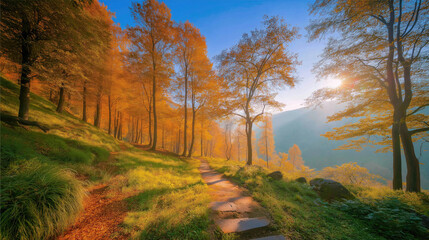 Misty Autumn Forest Pathway Lined with Golden Maple and Oak Trees