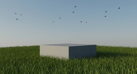 A minimalist white rectangular podium sits on a vibrant green grassy field under a clear blue sky, with a flock of birds silhouetted in the distance.