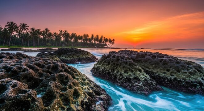 Coral Rocks of Saint Martin's Island, Bangladesh at Sunset