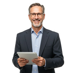 Smiling middle aged businessman wearing glasses holding a tablet computer with a professional demeanor isolated on transparent background