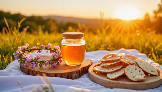 Honey jar and slices of bread on wooden board at sunset in field  
