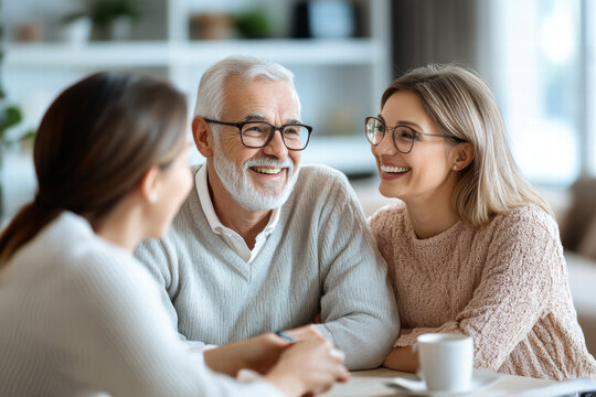 A man and a woman are sitting at a table with a third person in the background