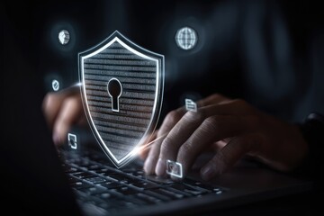 Hands typing on laptop, security shield graphic overlay (1)