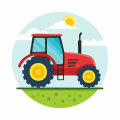 Cartoon Red Tractor on a Farm Landscape Illustration