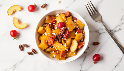 Fresh fruit salad with nuts served in a white bowl on marble countertop  