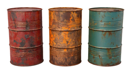 Old rusty metal oil barrel set isolated on white or transparent background