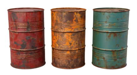 Old rusty metal oil barrel set isolated on white or transparent background