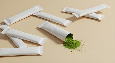Multiple blank white stick sachets with one opened, spilling vibrant green powder on a beige background. Ideal for supplement, matcha, or instant drink mockups.