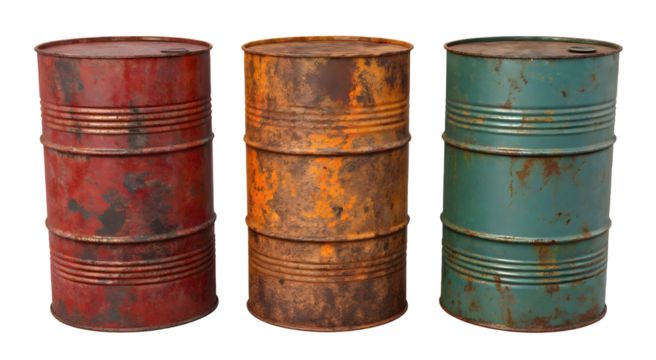 Old rusty metal oil barrel set isolated on white or transparent background