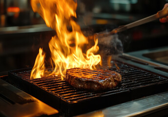 A person is cooking a steak on a grill, and the flames are very hot