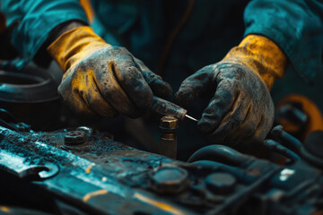 A man in a blue jumpsuit is working on a car engine