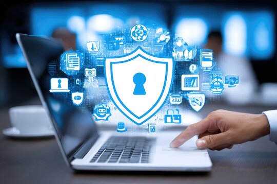 Laptop with security shield graphic overlay