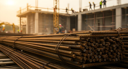 Close-up of rusted steel rebar stack with active construction site and warm industrial glow.
