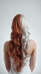 Fototapeta premium Back View of Woman with Wavy Split-Dye Hair in White and Copper
