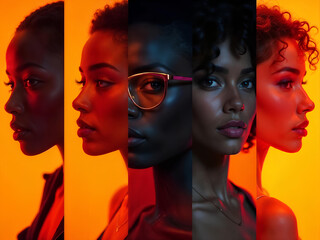 A captivating artistic portrait showcasing a diverse group of women under dramatic lighting.
