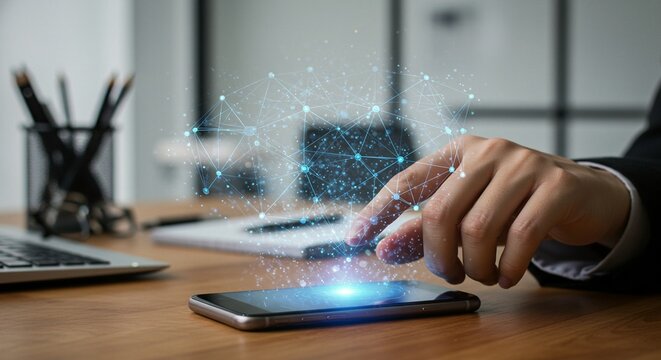 Digital interaction: Hand touching phone screen with glowing network graphic, symbolizing connectivity and technology interface
