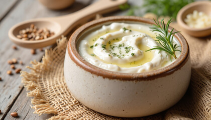 Creamy yogurt dip drizzled with olive oil and garnished with herbs  