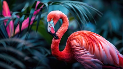Vibrant pink flamingo preens its feathers amidst lush, dark green tropical foliage; its elegant neck curved, eye sharp