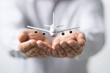 A person's hands hold a small airplane model in mid-air
