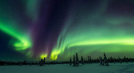 Vibrant green and purple aurora borealis dancing over a snowy, tree-lined winter landscape at night.