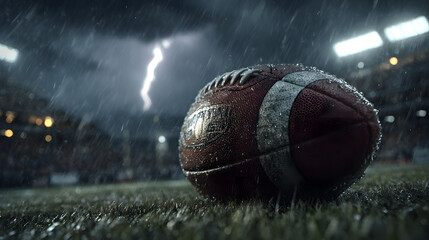 Close-up of a wet American football on grass field during a heavy rainstorm with lightning and bright stadium lights in the background, evoking intense and dynamic atmosphere