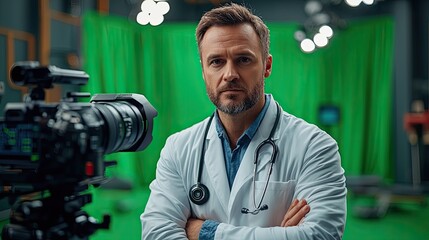 A middle-aged Caucasian man with short brown hair and a beard stands confidently in a lab coat. He has a stethoscope around his neck and is in front of a camera.