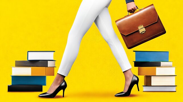 Professional woman in white pants and high heels walks confidently with a brown briefcase, surrounded by colorful stacked books against a vibrant yellow background, symbolizing education and ambition