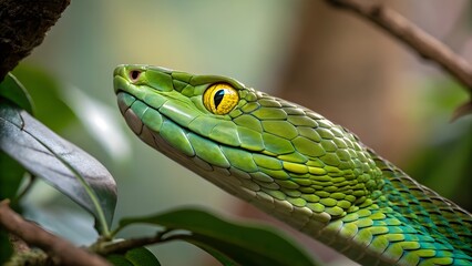 Obraz premium Close-Up of Vibrant Green Snake with Striking Yellow Eye in Natural Habitat