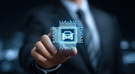 Businessman points at a digital car chip graphic