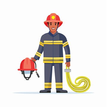 Smiling firefighter in uniform holding a helmet and coiled yellow hose