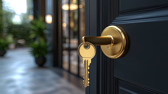 A close-up of a golden key inserted into a black door handle. The background features a blurred interior with plants and large windows.