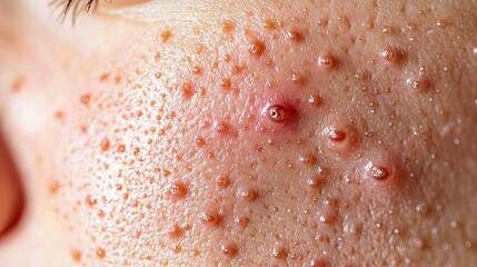 Close-up of human skin showing acne and blemishes. The skin appears oily with multiple red and inflamed spots. Natural lighting highlights the texture.