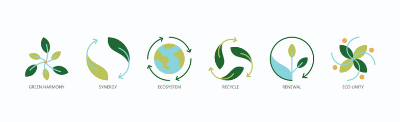Sustainable Synergy Icon Set Isolated Vector With Icon Of Green Harmony, Synergy, Ecosystem, Recycle, Renewal, Eco Unity In Flat Style